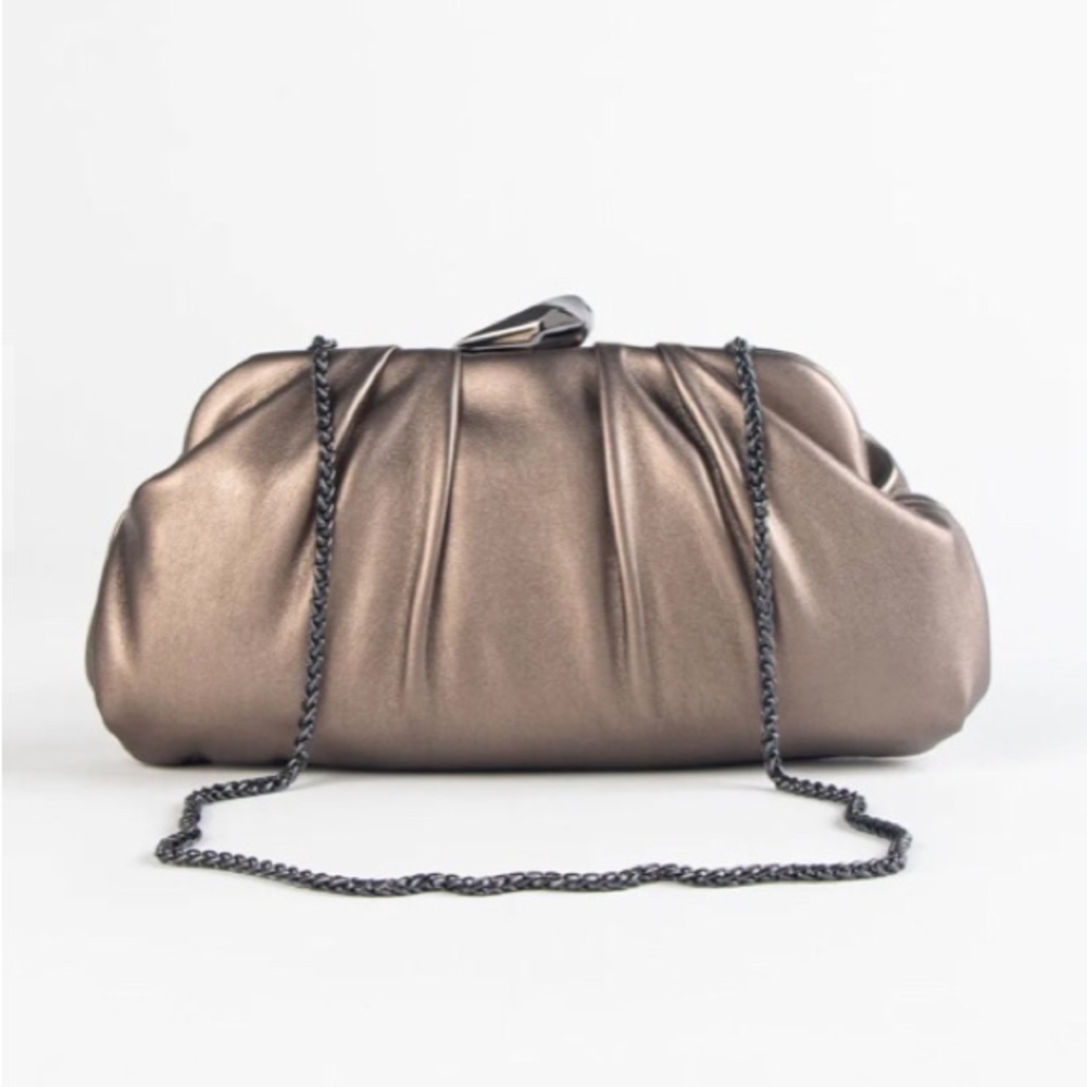 Soft, Nappa pleated pouch clutch with gunmetal ‘nugget’ clasp. Drop-in chain.NWT